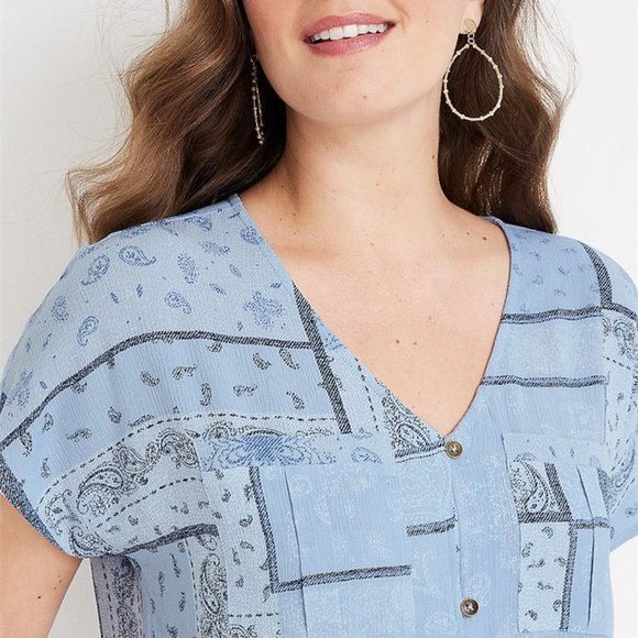 2/$25 PAISLEY PATCHWORK BUTTON Up BLOUSE with short sleeves Summer Shirt - Picture 2 of 3